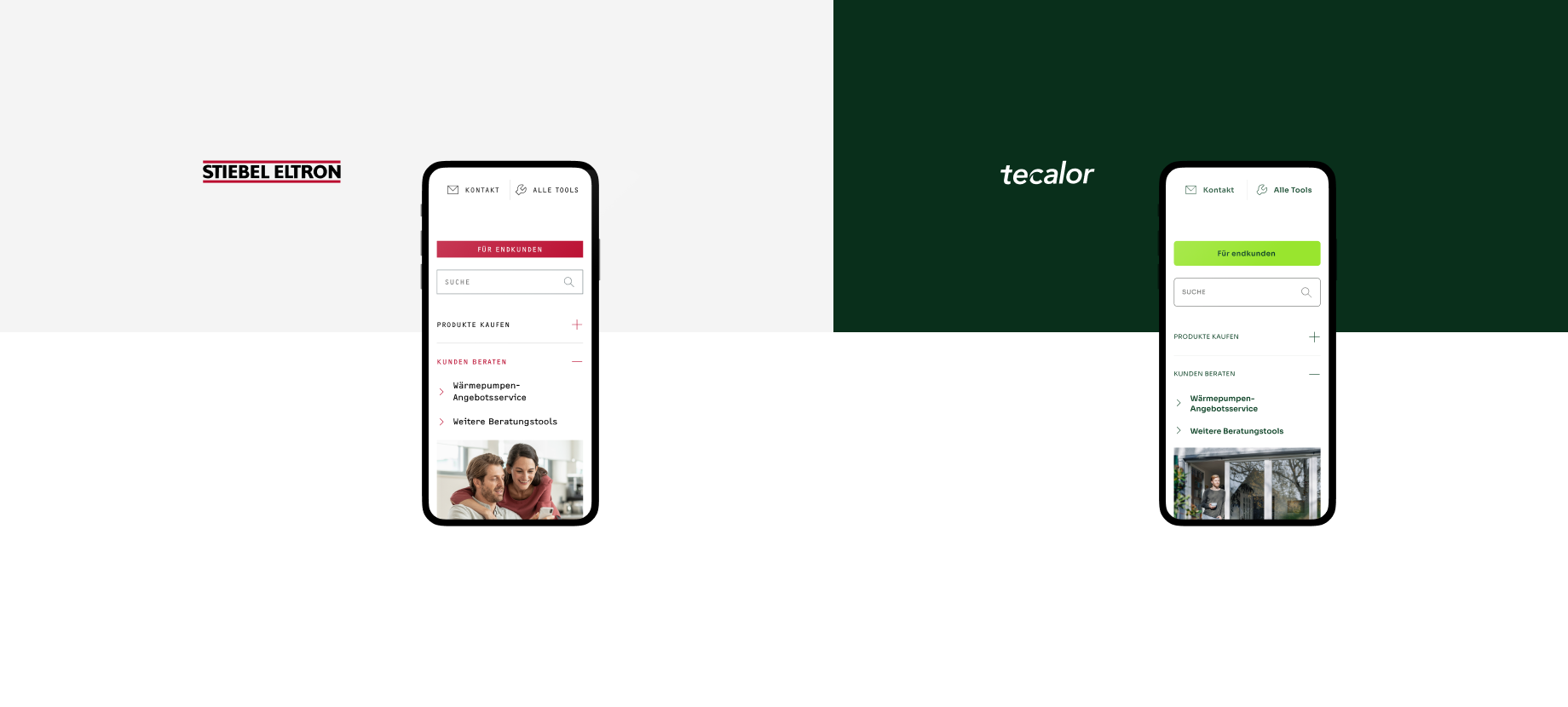 Side-by-side comparison of Stiebel Eltron (red) and Tecalor (green) mobile interfaces showing their heat pump product navigation systems with matching brand colors