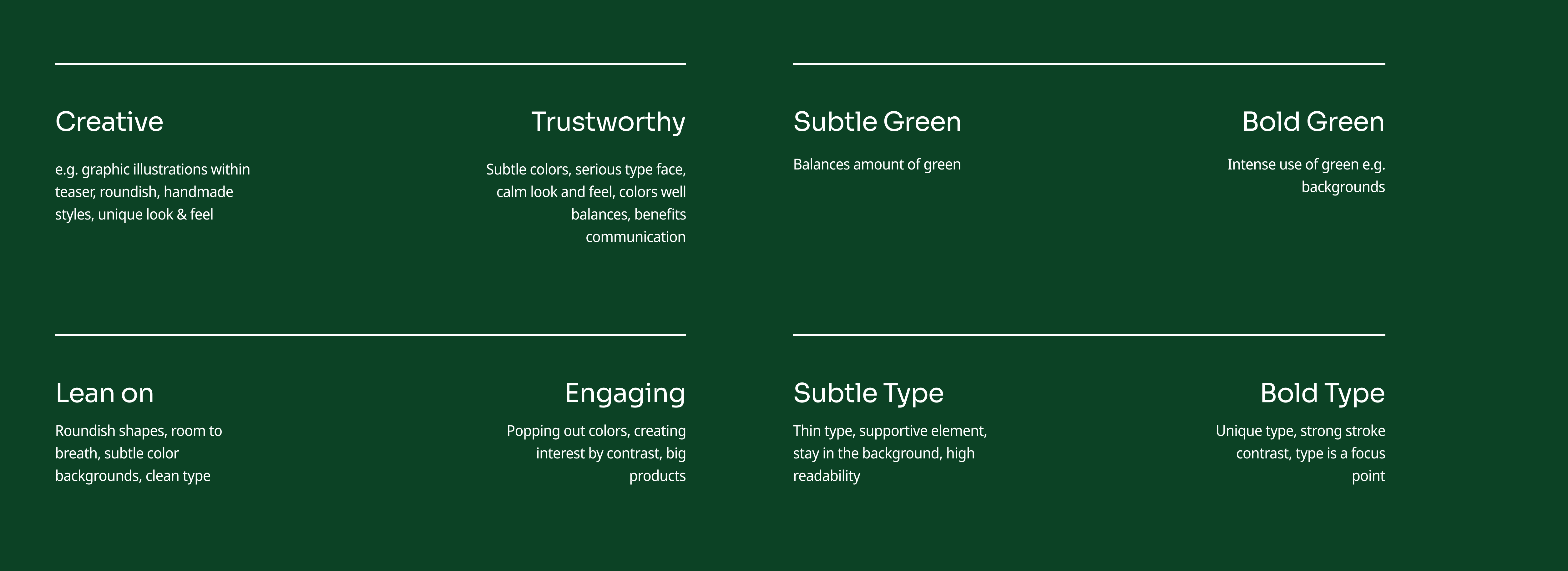 Design exploration grid showing different brand attributes: Creative, Trustworthy, Subtle Green, Bold Green, Lean on, Engaging, Subtle Type, and Bold Type with descriptions for each approach