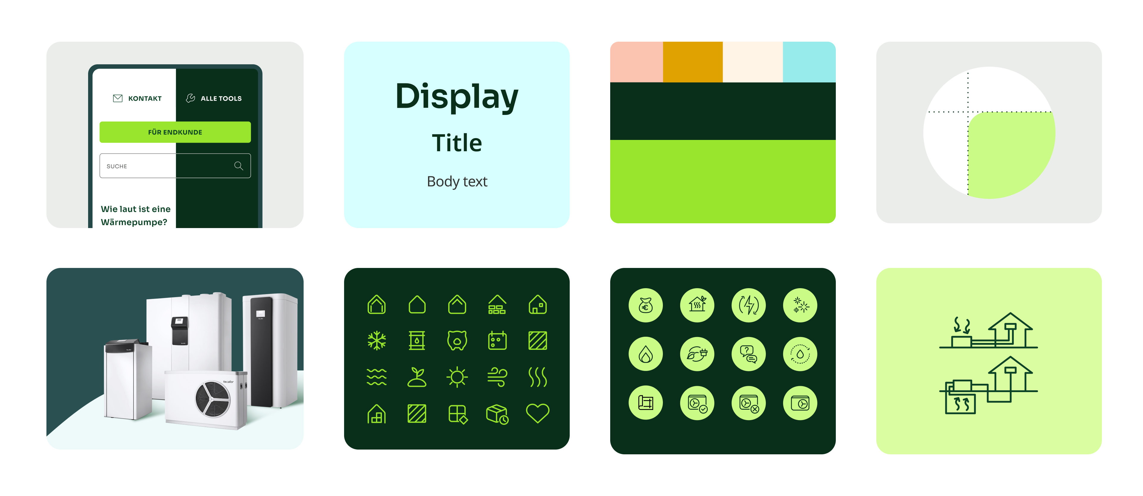 Tecalor design system components showing mobile UI, typography, color palette, product images, and icon sets in green brand colors with interface elements and illustrations